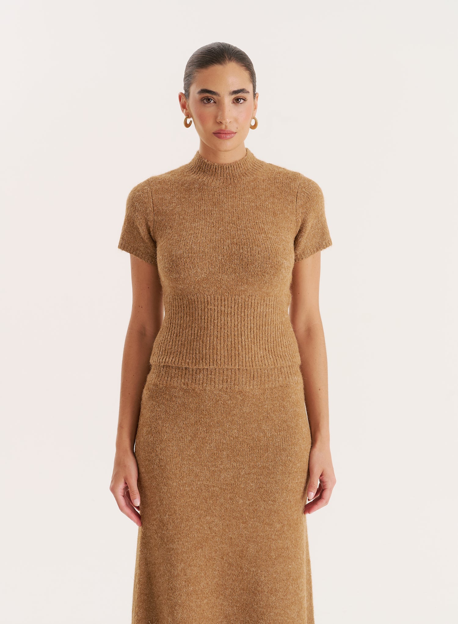 Camel Knitted Ribbed Waist Band Crop Top